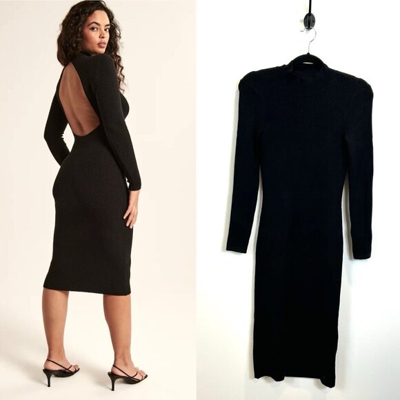 NWT ABERCROMBIE & FITCH Size Medium Black Open-back Midi Sweater Dress - Picture 1 of 10